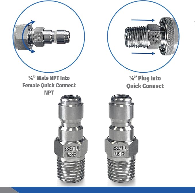 Essential Washer Stainless Steel ¼” Plug Male NPT | Pressure Washer Quick Connect Fittings | 5000 PSI | Set Of 2