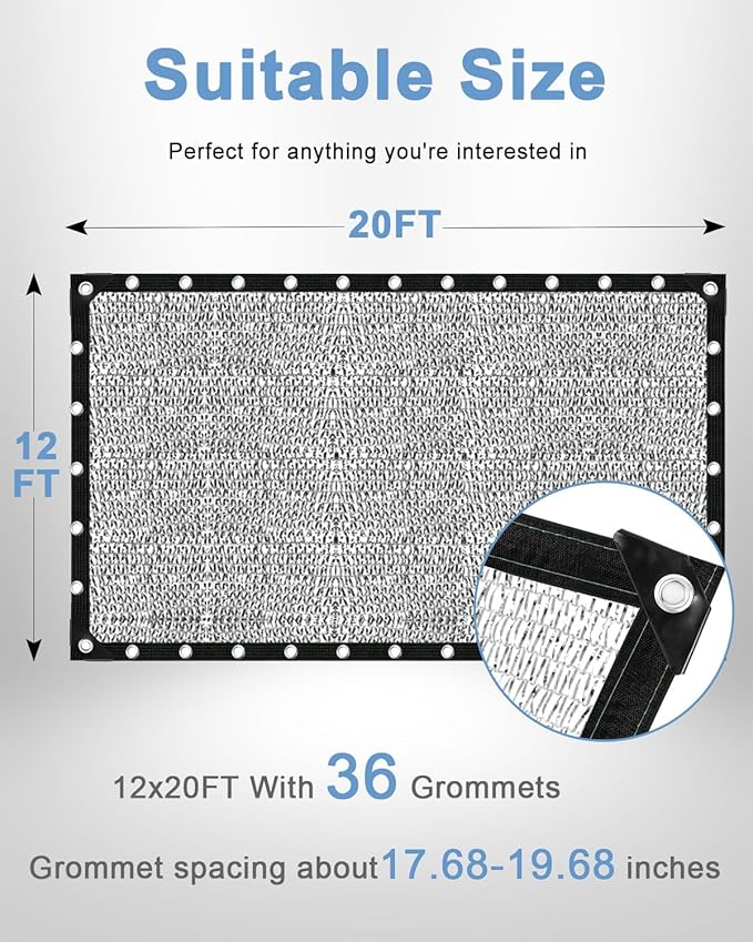vensovo 30% Aluminum Shade Cloth - Reflective Aluminium Shade Netting Sun Shade Cover with Grommets for Cars, Dogs, Outdoor, RV, Patio (12x20FT)