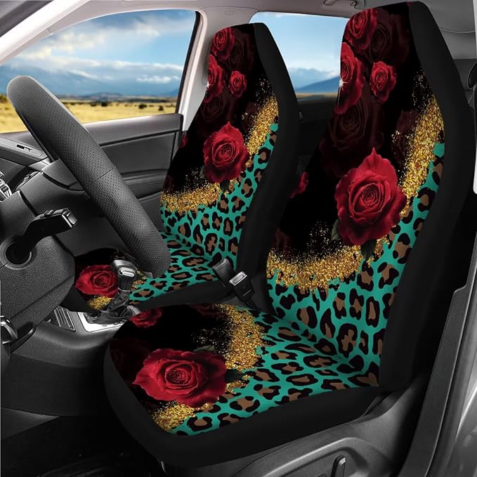 Rose Leopard Print Car Seat Covers Full Set 18 Pcs Universal Car Interior Accessories Set with Leopard Print Car Headrest Covers Seat Belt Pads Cover Funda Para Volante De Carro Universal Fit
