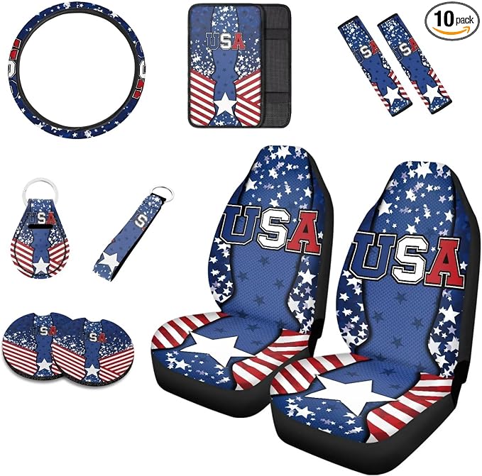 Howilath American Flag Stars Auto Front Seats Protector with Steering Wheel Cover/Seatbelt Pads/Armrest Cushion/Keychain/Car Coasters Set of 10 Accessories Interior Decor