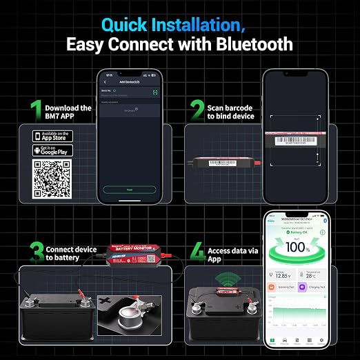 All-Round Battery Monitor, 6V/12V/24V Adaptable, IP67 Waterproof, Auto Alarm, 72-Day Logging, Compatible with Lead-Acid/Lithium Batteries for Cars/Boats/Storage