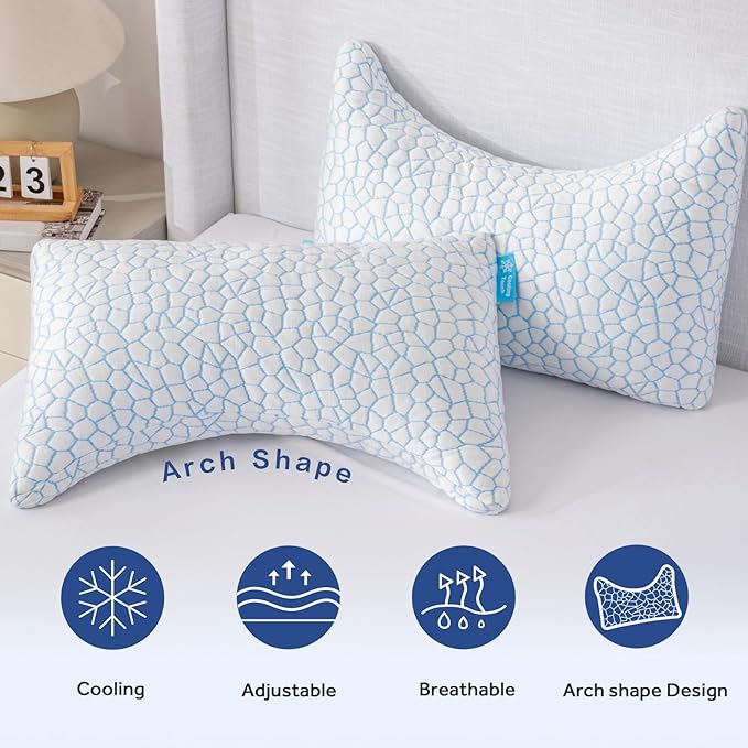 QUTOOL Cooling Side Sleeper Pillow for Neck and Shoulder Pain Relief, Adjustable Curved Shredded Memory Foam Bed Pillows for Sleeping, Queen 1 Pack with Additional Foam Fill Included (White)