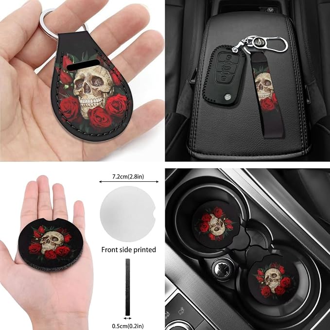 10 Pcs Skull with Red Rose Car Accessories Set, Seat Covers Steering Wheel Cover Center Car Console Pad Armrest Cover Seatbelt Pads Car Coaster Key Chains Wrist Strap for Car Decoration