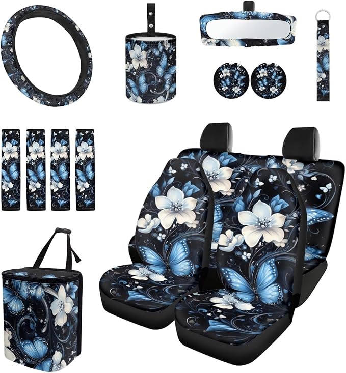 Blue Butterfly Car Seat Covers Full Set for Women Floral Car Accessories Steering Wheel Cover Seatbelt Pad Coasters Trash Bag Rearview Mirror Cover Keychain