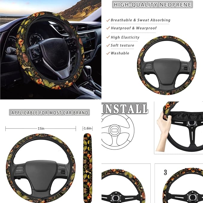 12 Piece Forest Mushroom Auto Seat Covers+Elastic Steering Wheel Cover/Shoulder Seatbelt Pad/Coasters/Hand Wrist Keychain/Lipstick Holders Sleeve Vehicle Protectors Accessories
