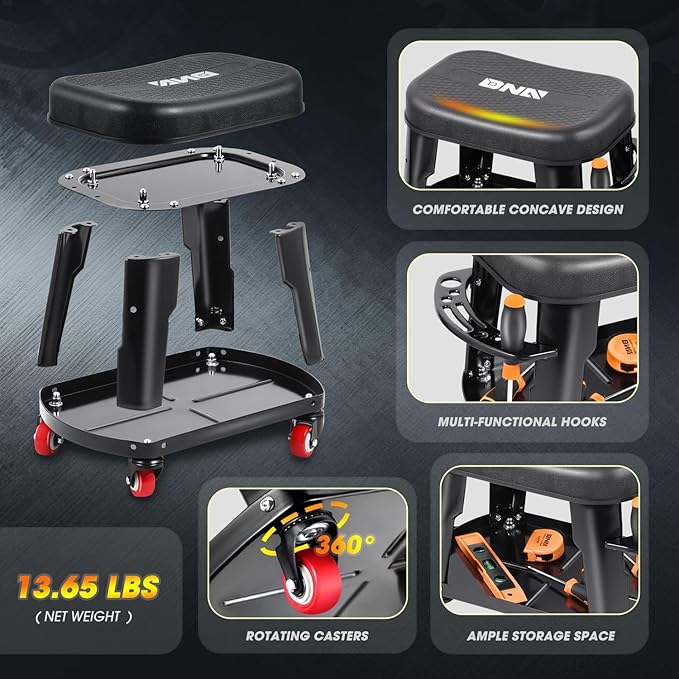 DNA Motoring TOOLS-00252 Removable Rolling Garage Stool with Seat Cushion & Tool Tray Plate,300lbs Max Weight Capacity