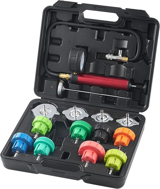 VEVOR Automotive Cooling System Radiator Pressure Tester Kit, 14 pcs Radiator Pressure Tester Kit with Manual Pump and Color-Coded Steel Test Cap Adapters, for Cars Motorcycles Trucks Cooling System