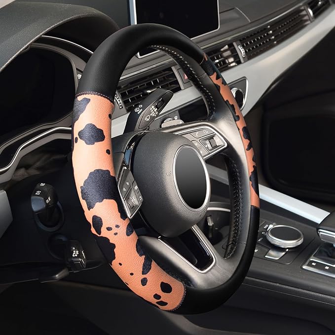 Cow Print Car Steering Wheel Covers, Breathable Microfiber Leather for Women and Men, Universal 15 inch Anti-Slip Steering Wheel Protector, Black Brown