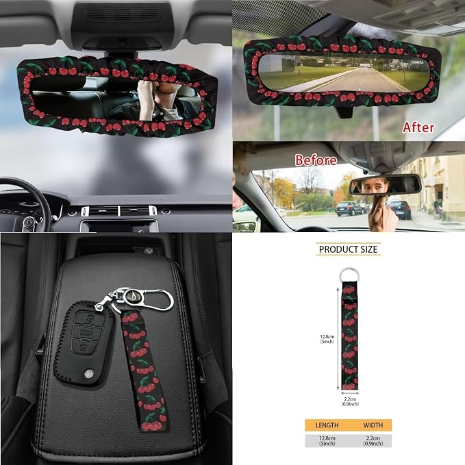 Wanyint Cherry Black 15 Pcs Car Seat Cover Full Set with Auto Steering Wheel Cover Seat Belt Strap Pads Cup Coasters Trash Bag Air Vent Storage Bag Rearview Mirror Cover Keychain Auto Interior Decor