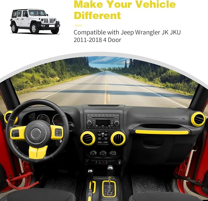CheroCar 18PCS Interior Trim Kit for Jeep Wrangler JK JKU 2011-2018 4 Door,Steering Button Frame, Air Conditioning Vent Trim Cup Holder Cover,Gear Shift Knobs Frame,Yellow…
