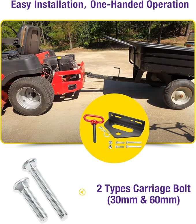 Zero Turn Mower Trailer Tow Hitch and Hitch Pin, 1/4"(6mm) Thick Heavy Duty Steel Universal Lawn Trailer Hitch Kit with Pin, Versatile Chain Slot Rugged Trailer Hitch Included Carriage Bolt Hardware