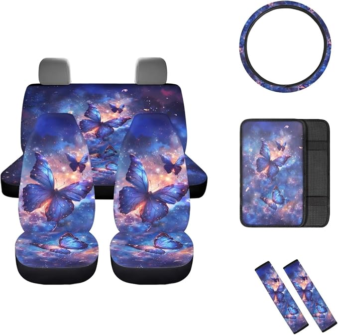Mumeson Butterfly Galaxy Pattern Car Seat Covers 8 Pack Auto Interior Decor Set 2 Piece Car Seat Covers with Non-Slip Steering Wheel Covers 2 Pcs Seatbelt Covers Cushion Car Armrest Cover Pad