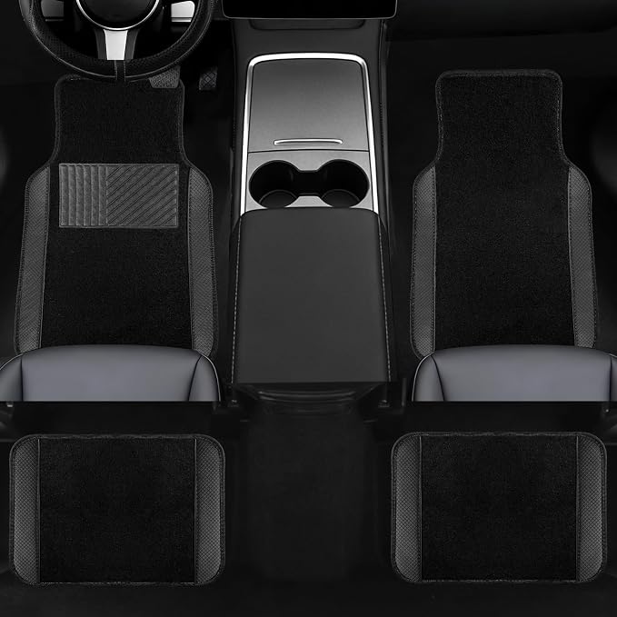 NBTEPEM 10 Pcs Car Floor Mats Full Set Car Accessories, Microfiber Leather Steering Wheel Covers 14.5-15 inch, Center Console Cover, Seat Belt Pads, Cup Coasters, Universal Interior Decor(Black)