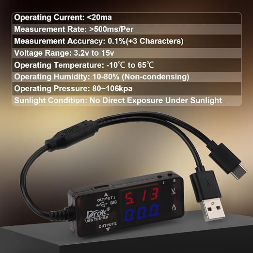 DROK USB Tester 2pcs, USB-A USB-C 2.0 Multimeter Dual USB Ports PD QC 3.0 with Color LED Display Battery Charger Monitor, 7 Modes Capacity Voltage Current Power for Laptop Power Bank Solar Panel