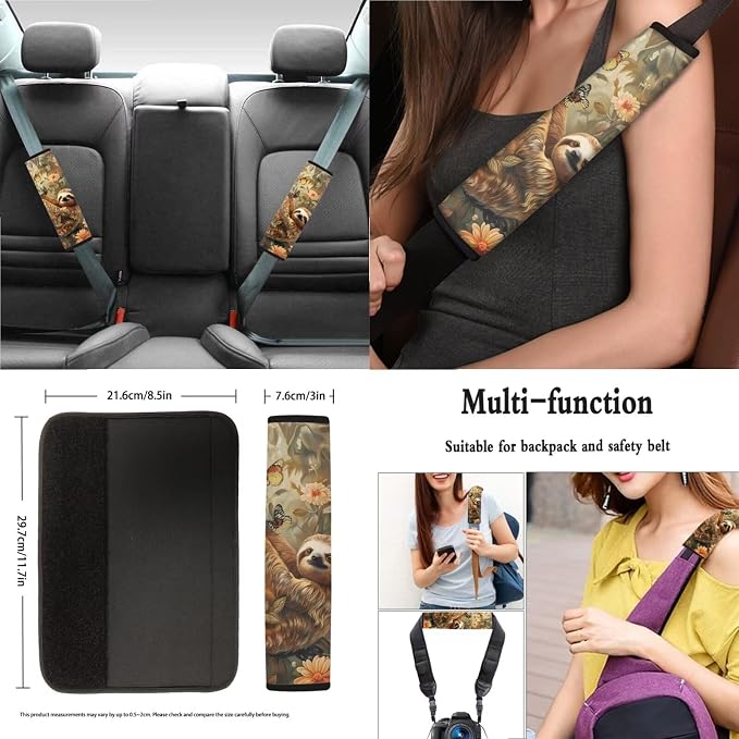 Sloth Butterfly Daisy Print 13 Pieces Car Interior Accessories, Auto Front and Rear Seat Cover Set of 4, 1 Comfort Steering Wheel Cover, 4 Soft Seat Belt Cover, 4 Cup Holder Coasters