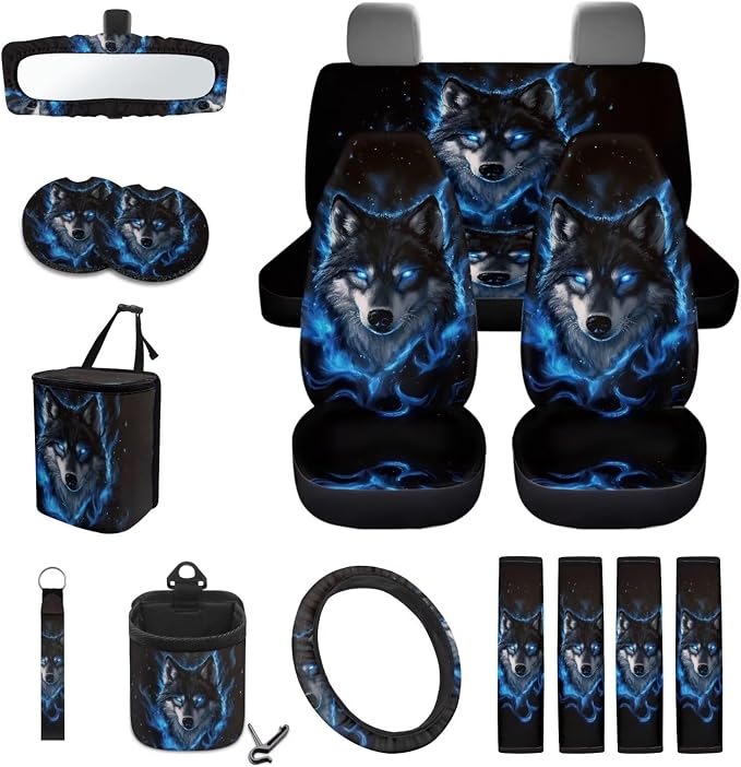 Wolf Flame Print Car Accessories Sets Wild Camo Car Seat Cover Steering Wheel Cover Seat Belt Pads Trash Cans Universal fit for SUV,Van,Saden,Truck Automobile Interior Sets, 15 Pcs, Black