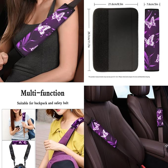 8 Pcs Purple Butterfly Car Interior Accessories for Women, Car Seat Cover Full Set with Auto Steering Wheel Cover Auto Center Console Pad Seat Belt Covers