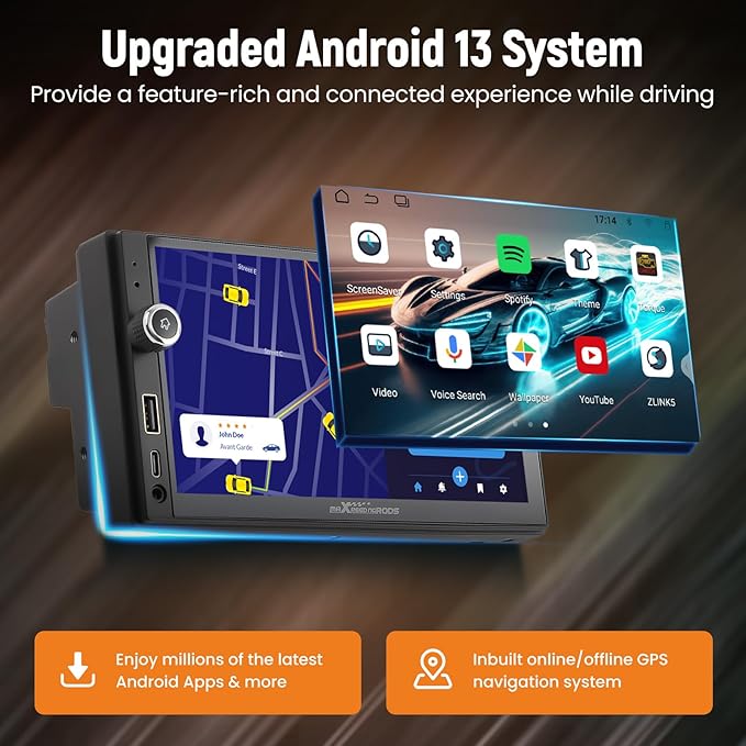 maXpeedingrods 7” Double Din Car Stereo with Apple CarPlay & Android Auto, with Android 13 System and in-Dash GPS Navigation with Type C Charging 2G+32G ROM