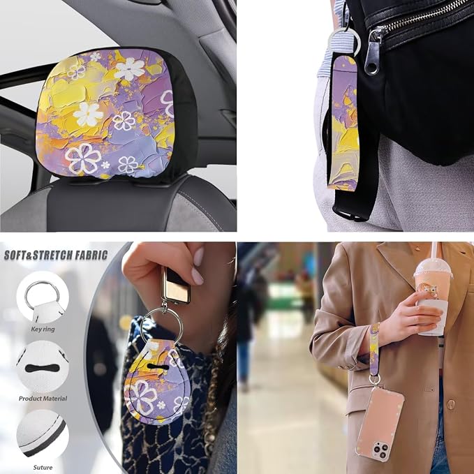 Daisy 13 Pcs Car Seat Covers, Flower Relief Print Universal Driver Seat Cover Protector Armrest Pad, Purple Yellow Floral Steering Wheel Armrest Cover Seatbelt Cup Mats