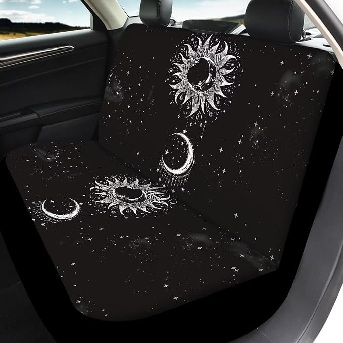 POLERO Star Sun and Moon Car Seat Cover Set 11pcs Front and Rear Bench Seat Protector Vintage Interior Accessories with Keyrings