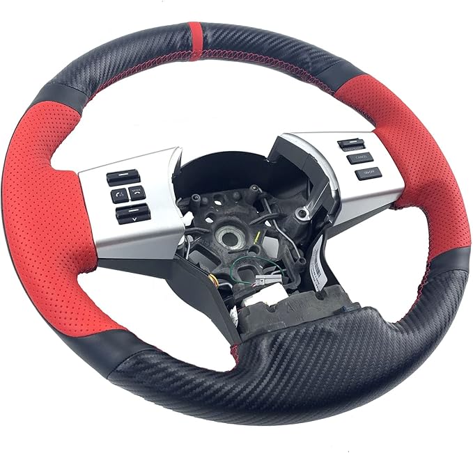 Matte Black Carbon Fiber&Red Perforated Leather Steering Wheel Cover Hand-Stitch Sew on Wrap for Nissan Pathfinder 2005-2012 / Nissan Xterra 2005-2015 / Nissan Frontier 2005-2019