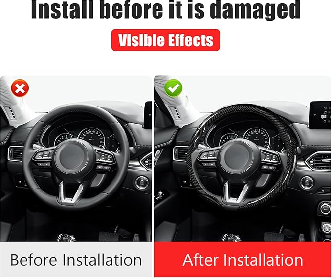 Car Steering Wheel Cover for Mazda 3, 5, 6, CX-3, CX-5, CX-30, CX-50, CX-9, CX-90, MX-5 Carbon Fiber Pattern Protective Cover - Black Compatible with 15-inch Wheels Decorative Modification Accessories