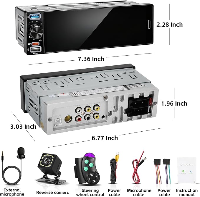 Single Din Car Stereo with Wireless Apple Carplay & Android Auto, 6.5" Full Laminated HD Touchscreen Car Radio with Bluetooth 1080P Backup Cam Navigation Mirror Link AM/FM USB & Type-C Charging EQ SWC