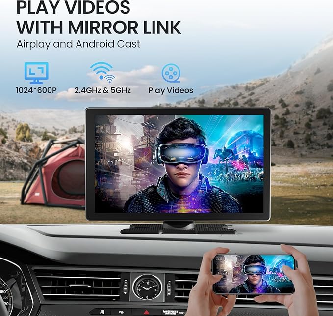 TECXERLLON 9.0'' Carplay Screen for Car, Portable Car Stereo with Apple Carplay & Android Auto, Car Audio Receivers with Mirror Link, Screen for All Vehicles(No Camera)