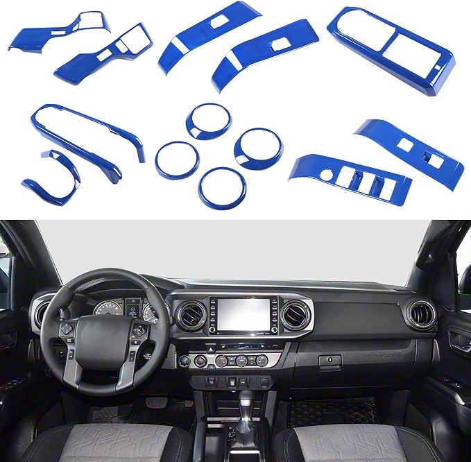 Lcojicep 14PCS Full Set Interior Decoration Trim Kit Compatible with Toyot@ Tacoma 2016-2022 Central Control Dashboard Frame Cover Shift Knob Cover Air Vent Trim Cover Window Button Cover (Deep Blue)
