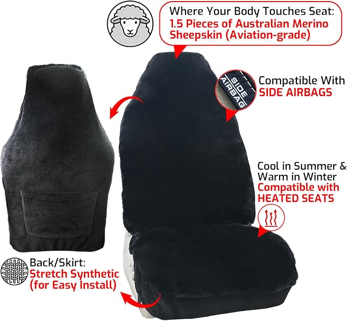 Aegis Cover Sheepskin Car Seat Cover Genuine Australian Merino Wool Front Seat Cover Luxury Dense Pelt Universal Fit for Most SUVs, Trucks, Bucket-Style, 54 X 22 Inches (CS-Black)