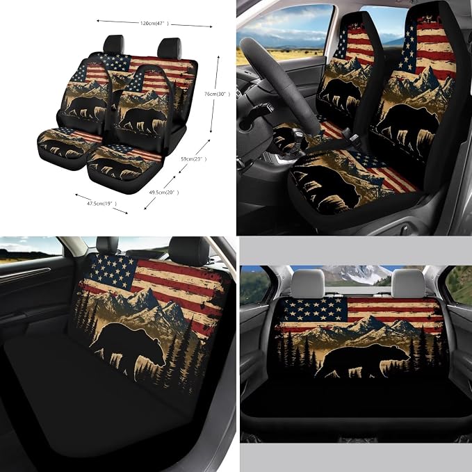 Xoenoiee Bear American Flag Pattern 11 Pieces Car Seat Covers Interior Accessories Set Universal Fit with Steering Wheel Cover, Seat Belt Pads, Keychain, Cup Coasters
