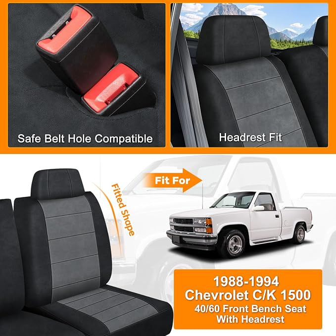 Truck Seat Covers Compatible with 1988-1994 Chevy C/K 1500 C1500 K1500, 40/60 Split Bench with Headrests, Universal Dutch Velvet Automotive Cover, Black & Gray