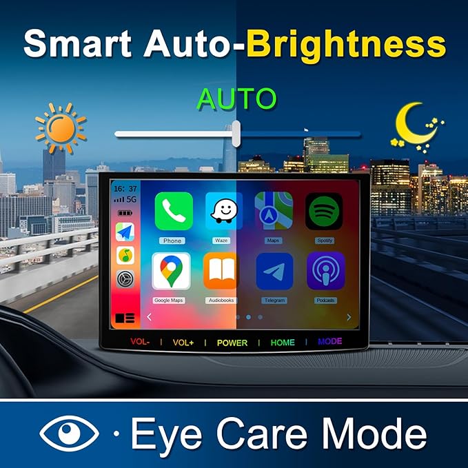 7-Inch Wireless Apple CarPlay & Android Auto Portable Car Screen, Auto Brightness Adjustment, Supports HD Video, with HD Backup Camera
