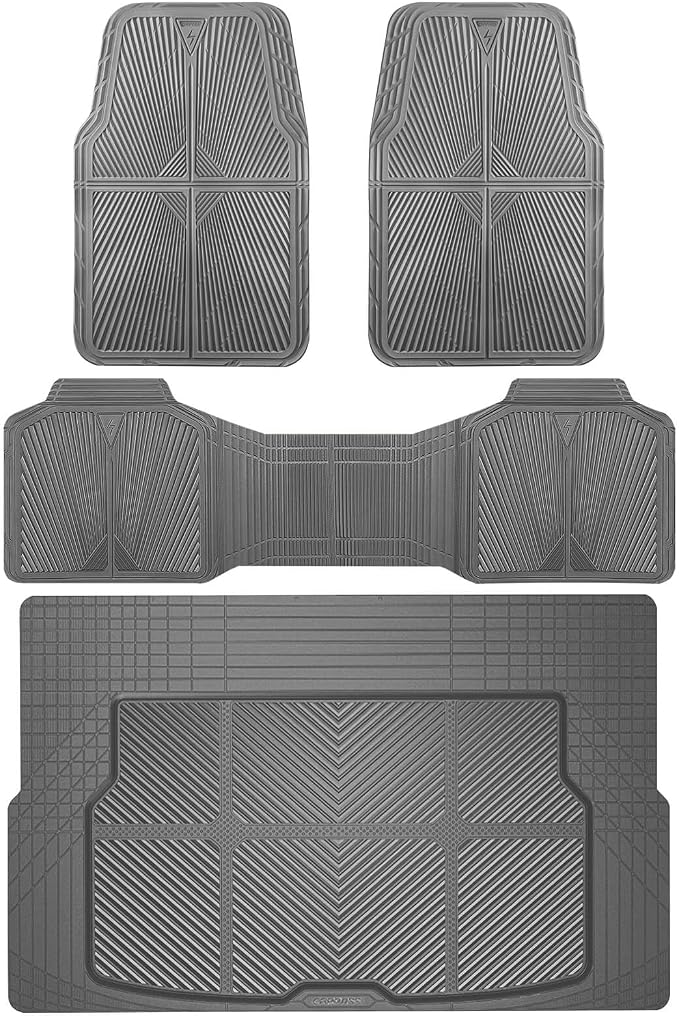 CAR PASS Gray Rubber Floor Mats&Cargo Liner,Waterproof Truck Mats Heavy Duty,All Weather Trim-to-Fit Automotive Mat for Car Truck SUV,Anti-Slip Easy Clean Durable,Full Set 5-Piece,3D Emboss All Grey