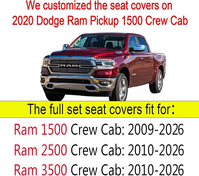 YIERTAI Car Seat Covers for Dodge Ram Fit 2009-2026 1500 2010-2026 2500 3500 Classic Bighorn Longhorn Laramie Tradesman Truck Blue Full Set