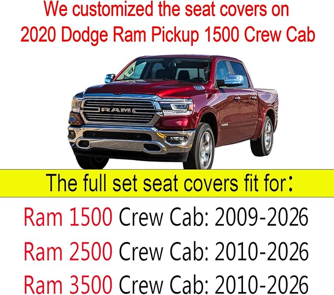 YIERTAI Car Seat Covers for Dodge Ram Fit 2009-2026 1500 2010-2026 2500 3500 Classic Bighorn Longhorn Laramie Tradesman Truck Gray Rear