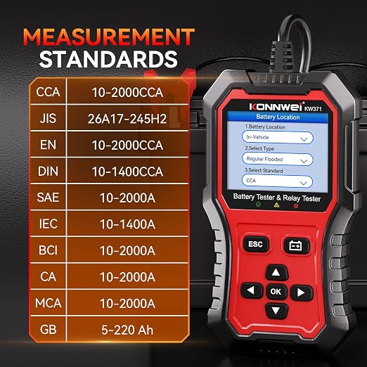 KONNWEI KW371 Battery Tester & Relay Tester 2 in 1 | 6V/12V/24V battery system tester with cranking & charging analysis. 4/5-pin relay tester. CCA 10-2000. No batteries required.