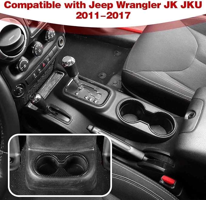 for Jeep JK Front Rear Cup Holder Trim Gear Shift Trim Cover Compatible with 2011-2017 Jeep Wrangler JK JKU Carbon Fiber Interior Accessories 4pcs