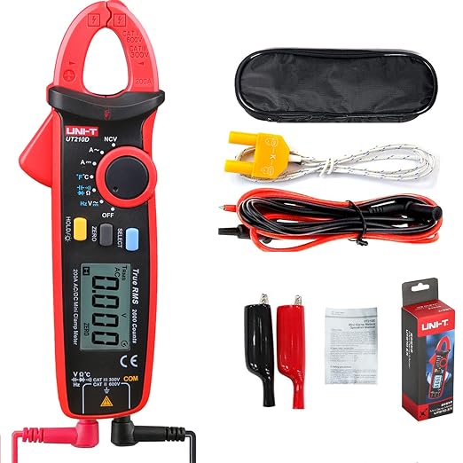 UNI-T UT210D Mini Digital Clamp Meter 200A AC DC Current True RMS Pliers Ammeter Voltage Frequency Temperature Tester Multimeter with Alligator Clip, Red&Black