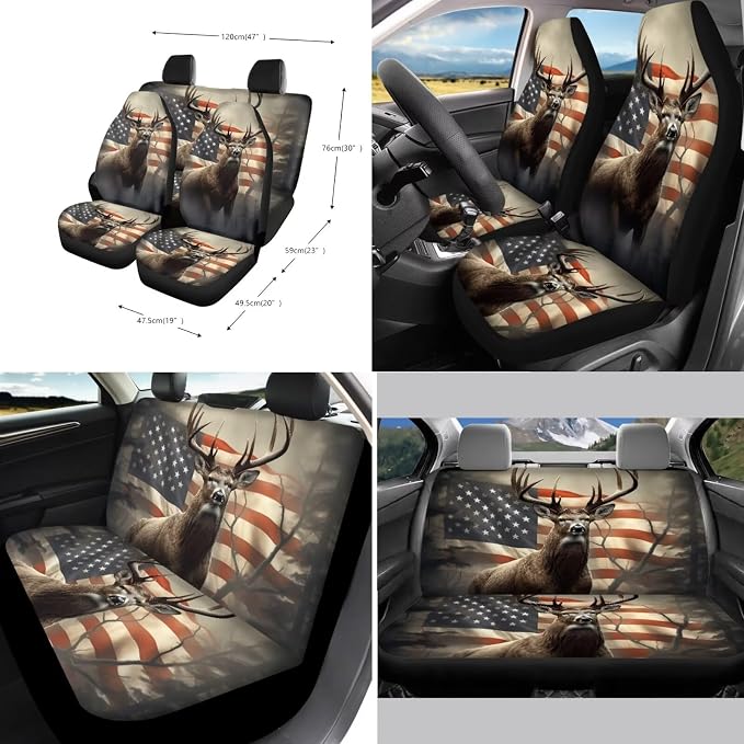 Xoenoiee Deer and American Flag Print 11 Pack Universal Car Seat Covers Front & Rear for Women Car Interior Accessories with Steering Wheel Cover, Seat Belt Pads, Cup Coaster, Key Chains