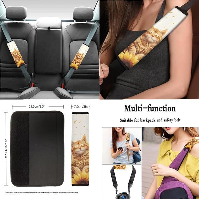 Cat Sunflower Pattern 13 Pieces Car Accessories Set, Anti Slip Car Front and Rear Seat Cover + Steering Wheel Cover + Seat Belt Cover Pad for Car + Coasters for Women Men