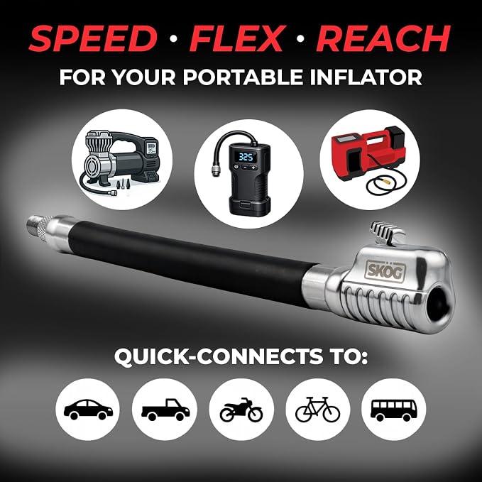 SKÖG Chuck Mates Flex360 7” Tire Inflator Hose Extension with Patented RatchetSeal Self-Locking Chuck – Compatible with Portable Tire Inflators (Open Flow)