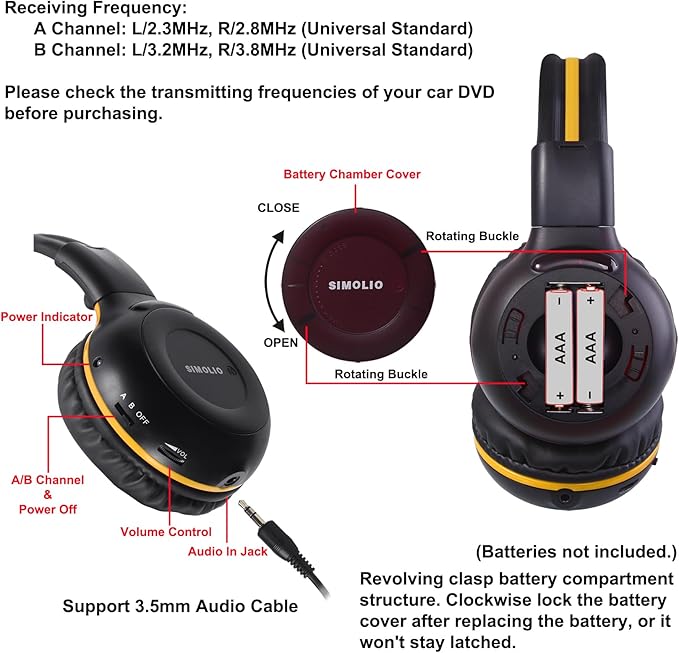 SIMOLIO IR Headphones for Car DVD for uConnect VES, Honda Odyssey, Dodge Grand Caravan, Chrysler Town Country, Jeep, 2 Channel Universal Folding Infrared Headphone w/AUX Cord & Carrying Case, 2 Pack
