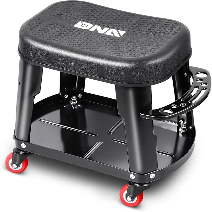 DNA Motoring TOOLS-00252 Removable Rolling Garage Stool with Seat Cushion & Tool Tray Plate,300lbs Max Weight Capacity