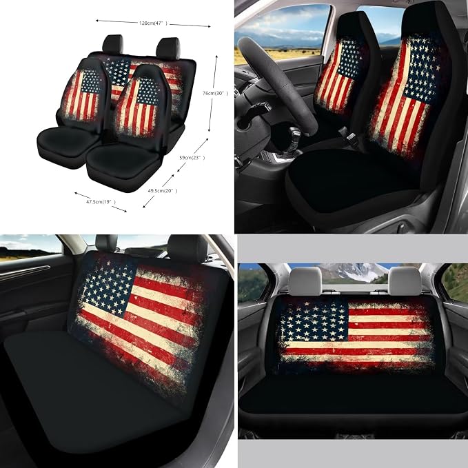 Xoenoiee 4th of July Patriotic 11 Pieces Car Seat Covers Interior Accessories Set Universal Fit with Steering Wheel Cover, Seat Belt Pads, Keychain, Cup Coasters, American Flag Pattern