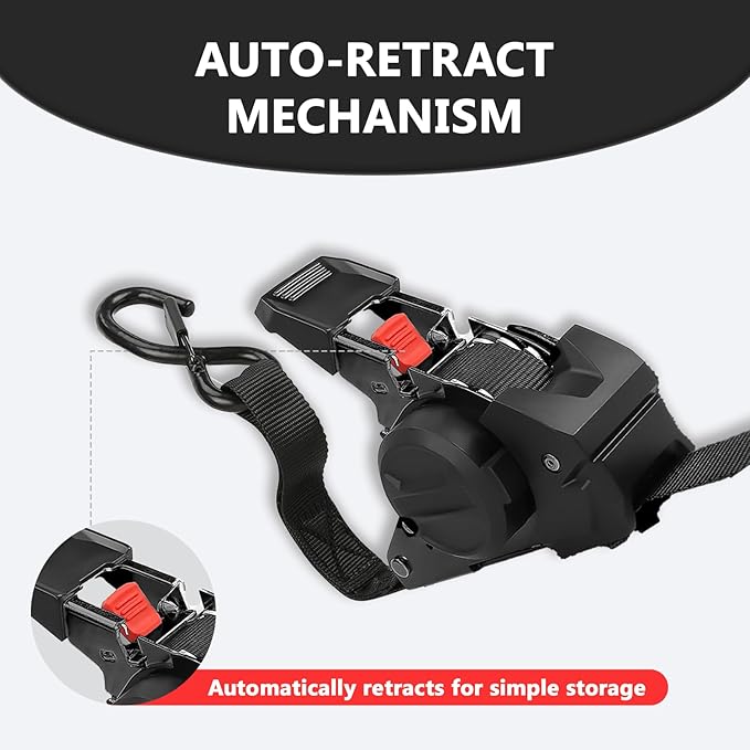 Retractable Ratchet Straps (4 Pack) - 1" x 10 ft Heavy Duty Tie Downs with Auto Retract and 1650 lb Break Strength for Cargo Trailer, Motorcycle, ATV - Includes Soft Loops and Bungee Cords