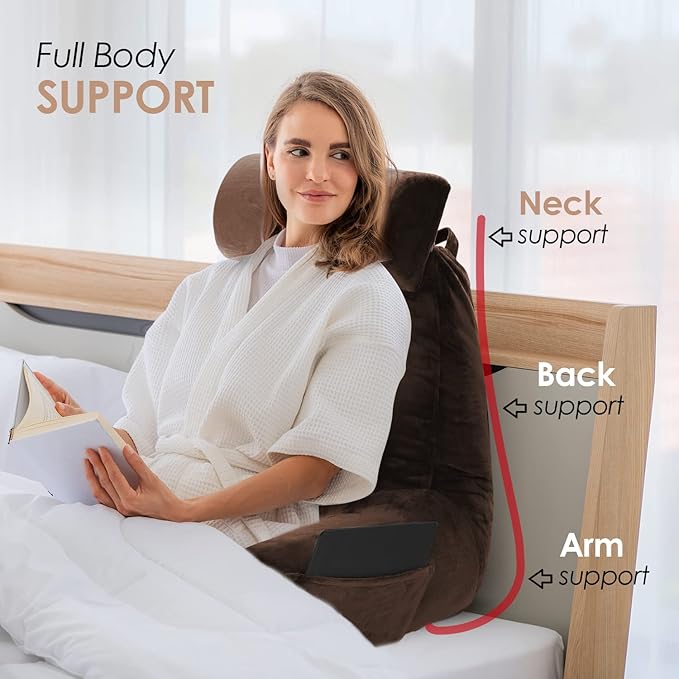 Nestl Reading Pillow with Shredded Memory Foam Includes 2 Neck and Lumber Support Pillows, Designed for Sitting Up in Bed and Couch, Back and Arms Adjustable Support for Adult & Teens, Chocolate Brown