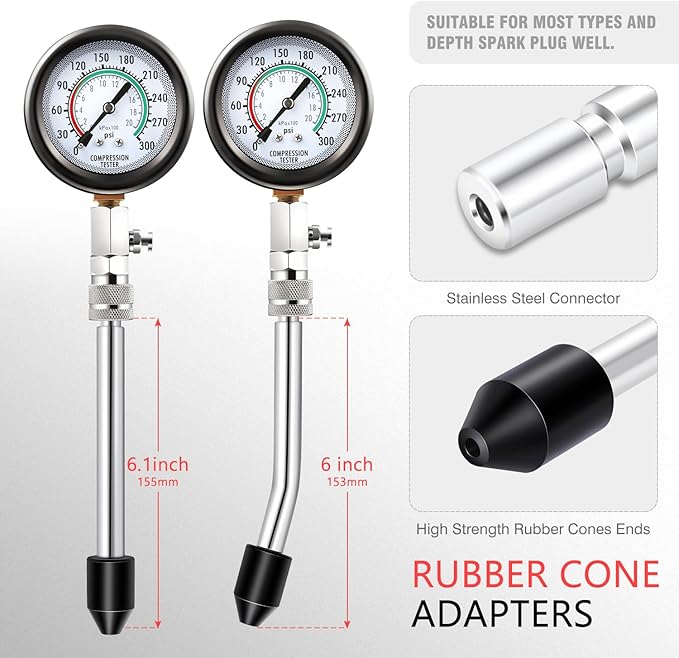 DNA Motoring 8PCS Compression Gauge Compression Tester Kit with M10 M12 M14 M18 Adapters for Car Truck ATV Motorcycle, TOOLS-00334