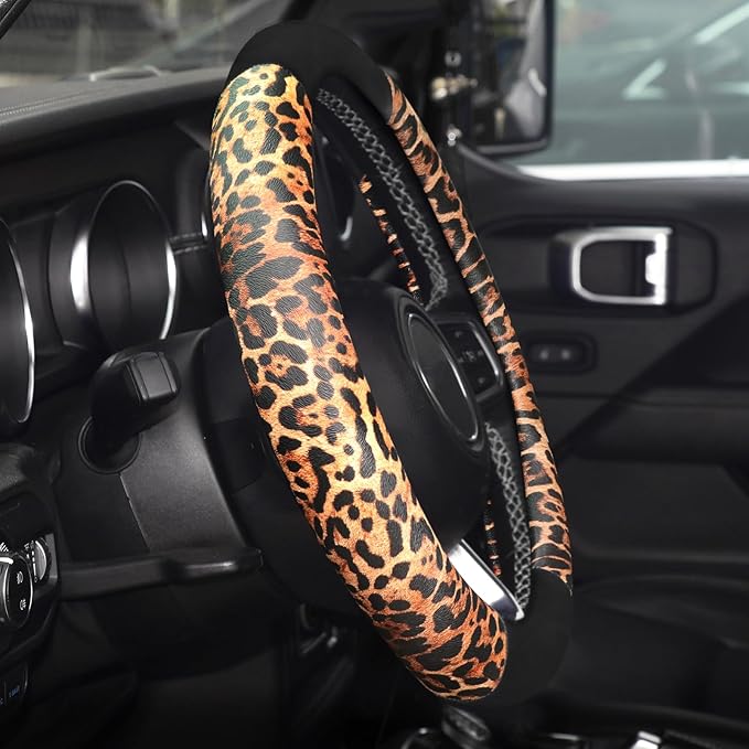 Cheetah Leather Steering Wheel Cover, Steering Wheel Protector, Anti-Slip, Breathable, Absorbing Sweat, Universal Leopard Car Accessories 14.5–15 inch,Black&Brown