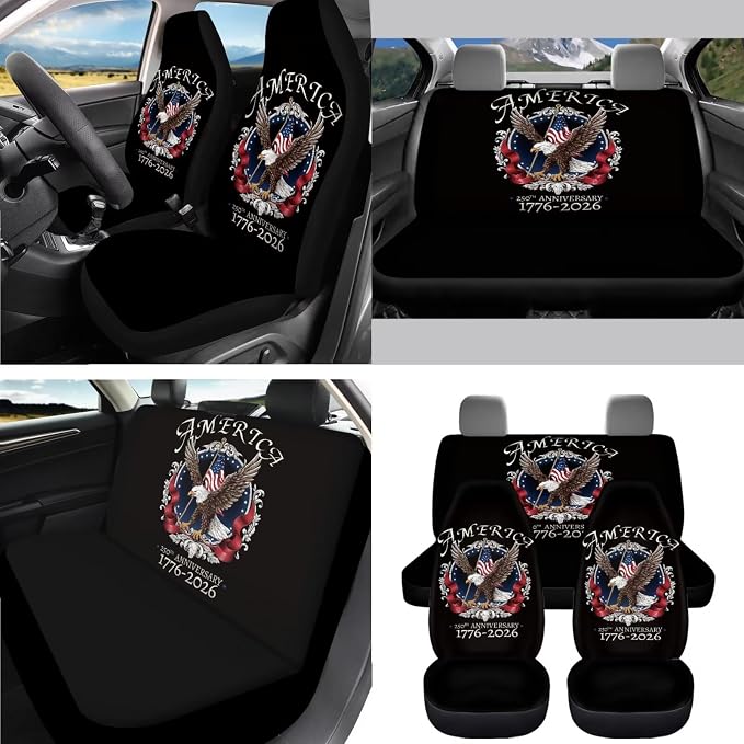 AFPANQZ Eagle 250 Years Print Car Front Seat & Rear Bench Covers + Steering Wheel Cover 15" + Gear Shift Knob Cover + Car Handbrake Cover + Seat Belt Shoulder Pads + Car Coaster Set of 11